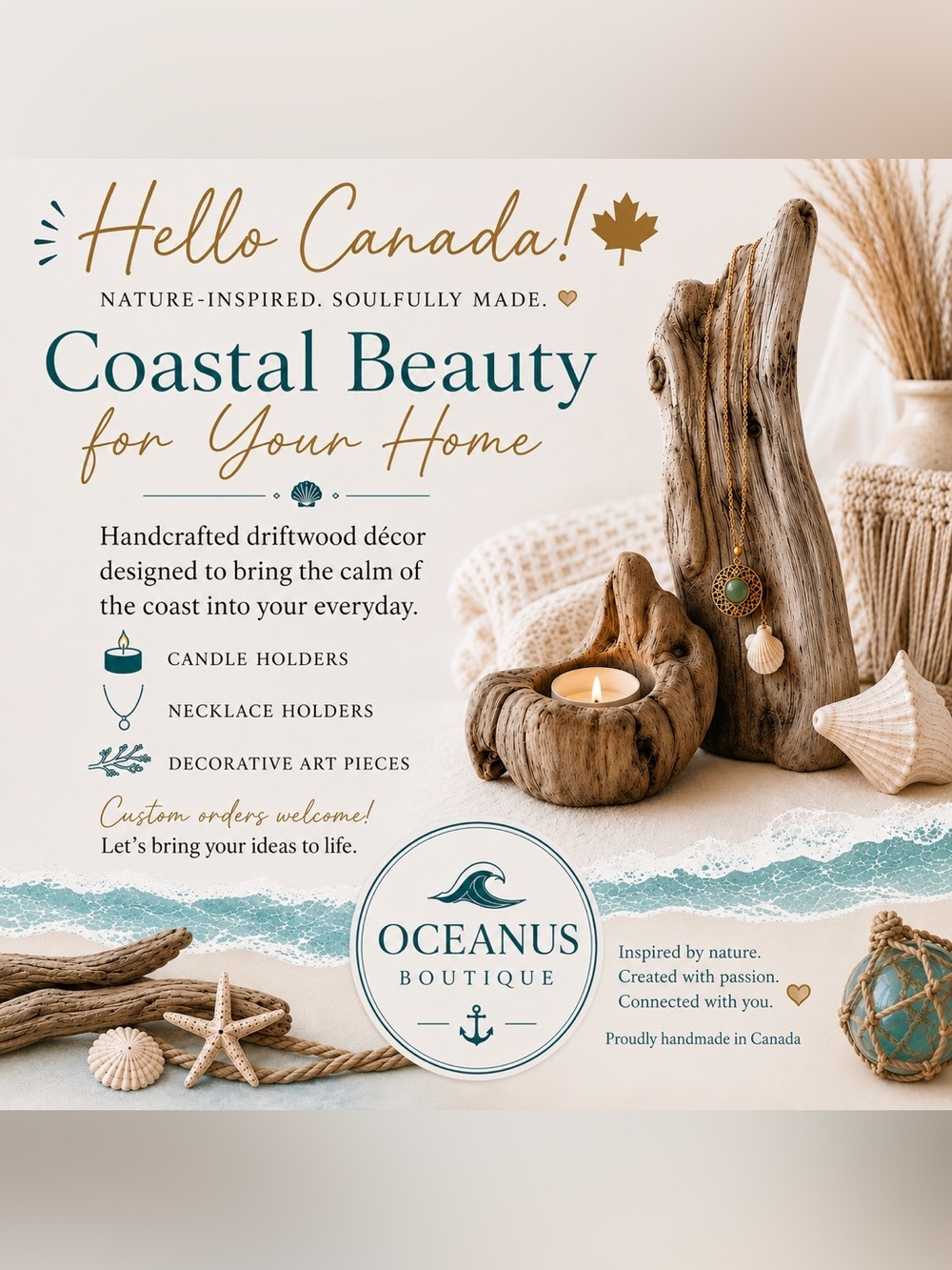 Oceanus Boutique Driftwood Candle , Necklace Holders and Art